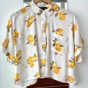 Cropped button down lemon-print blouse